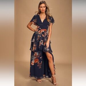 Midnight Mood Navy Blue Floral Print Tiered Maxi Dress